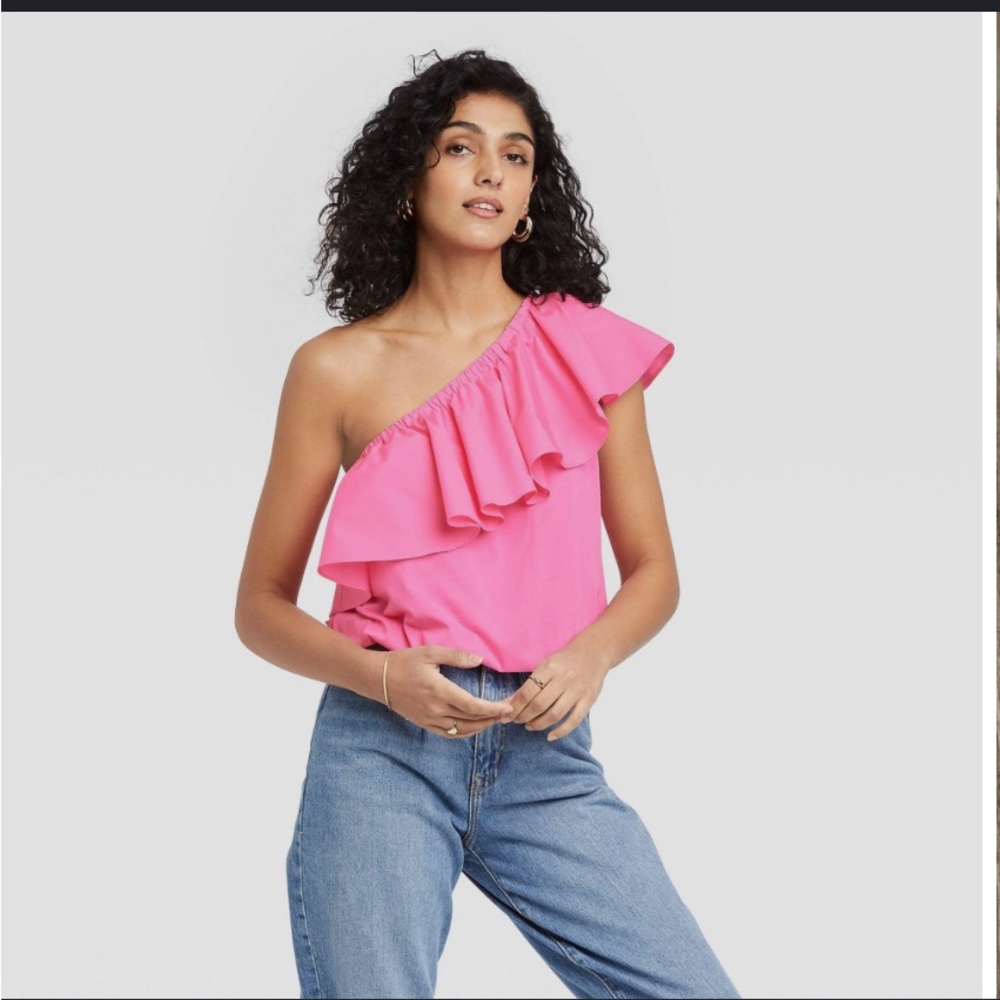 A New‎ Day Bubblegum Pink Ruffled One Shoulder Blouse Shirt Top